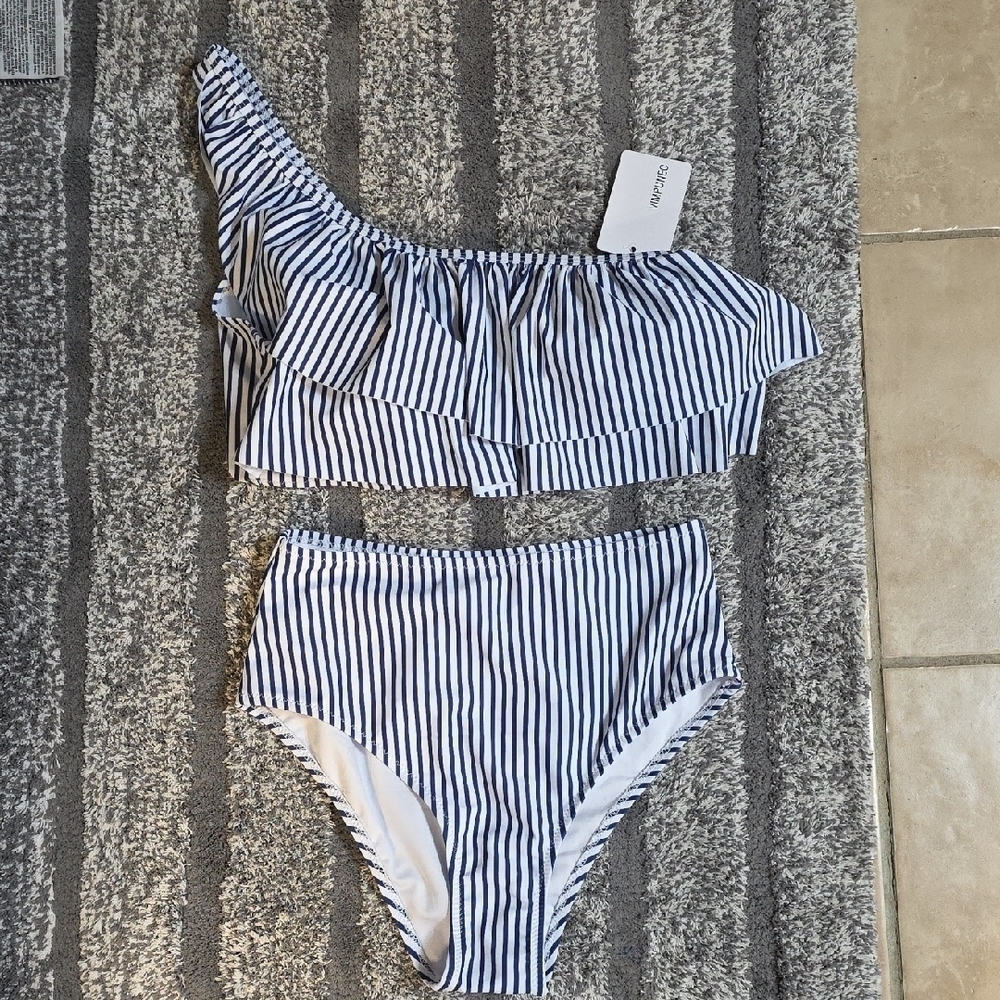 Navy Striped One-Shoulder Bikini Set